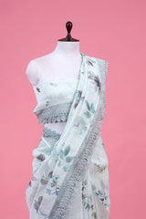 Powder Blue Floral Printed Linen Saree