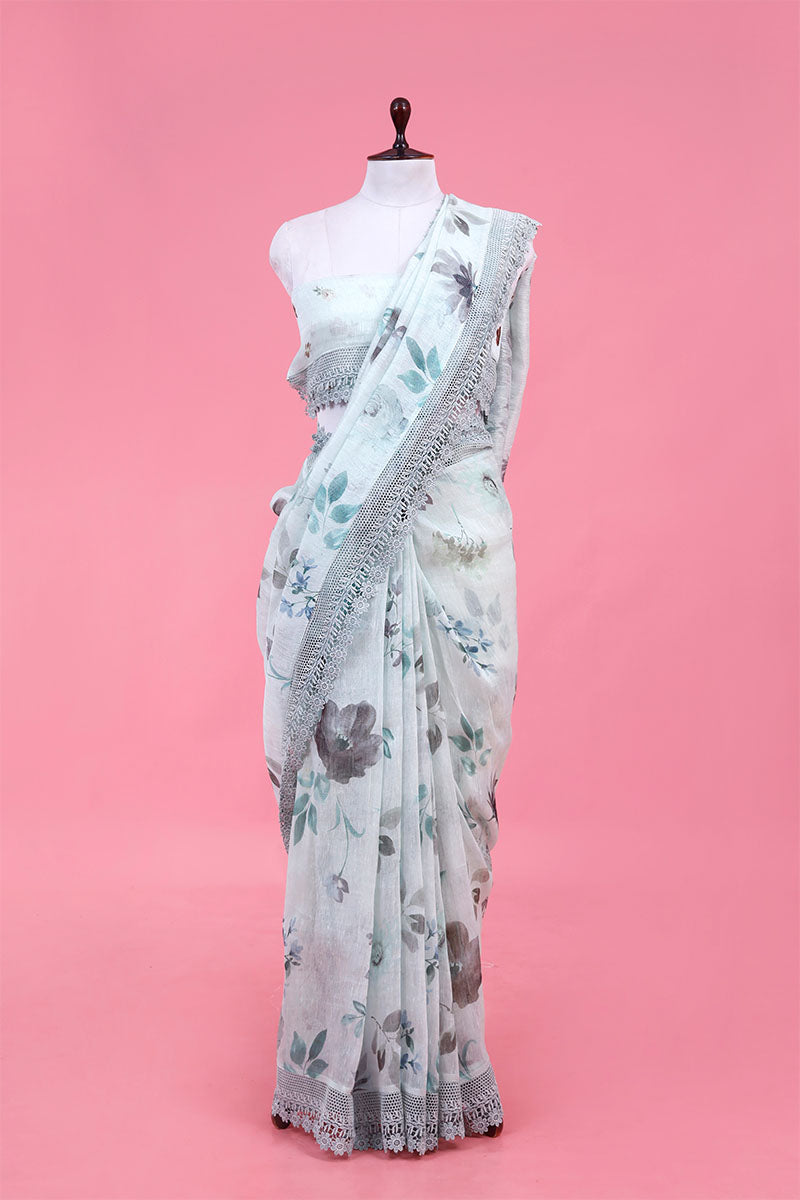 Buy Blue Pure Linen Sarees Online