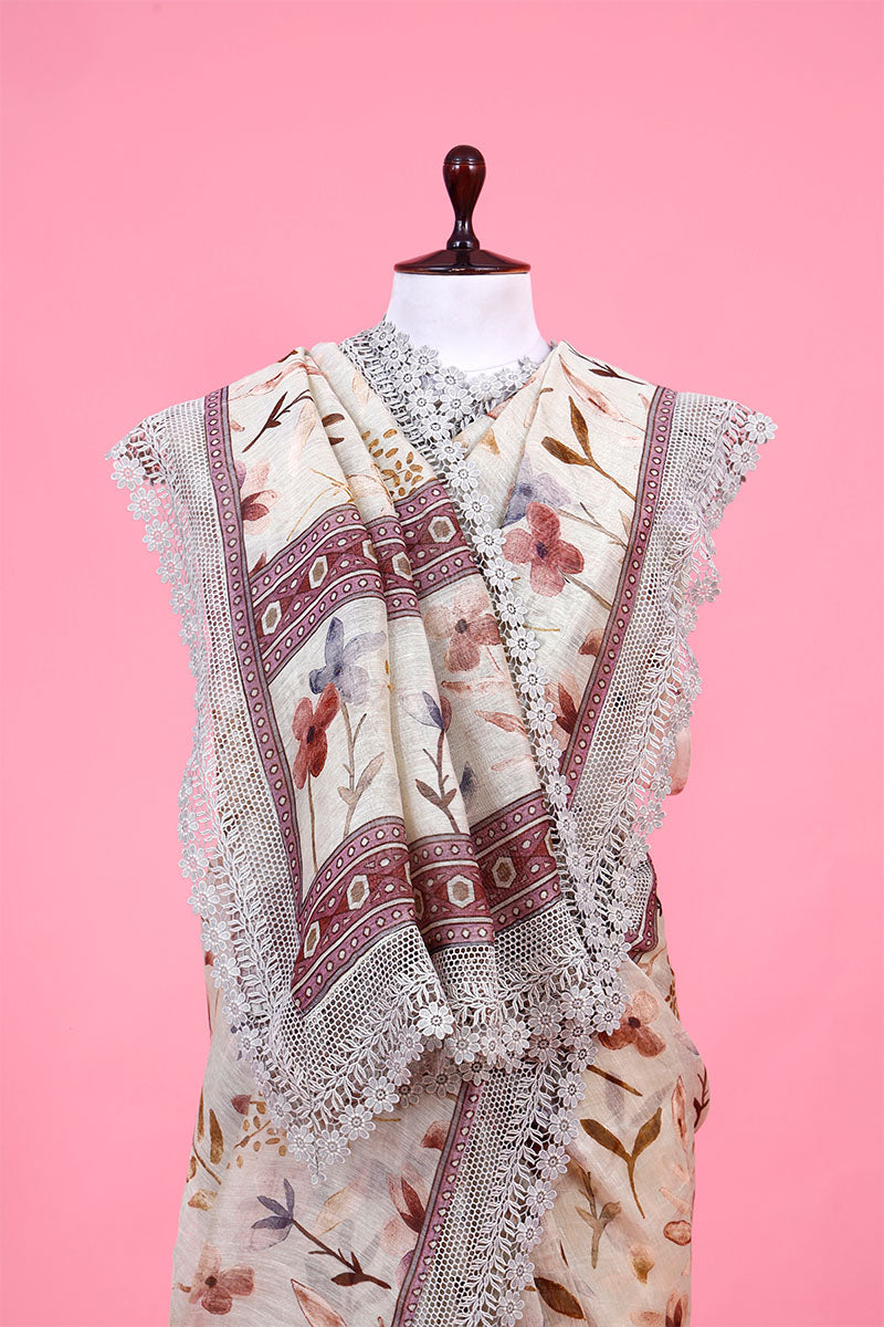 Trout Grey Floral Printed Linen Saree