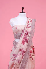 Baby Pink Floral Printed Linen Saree