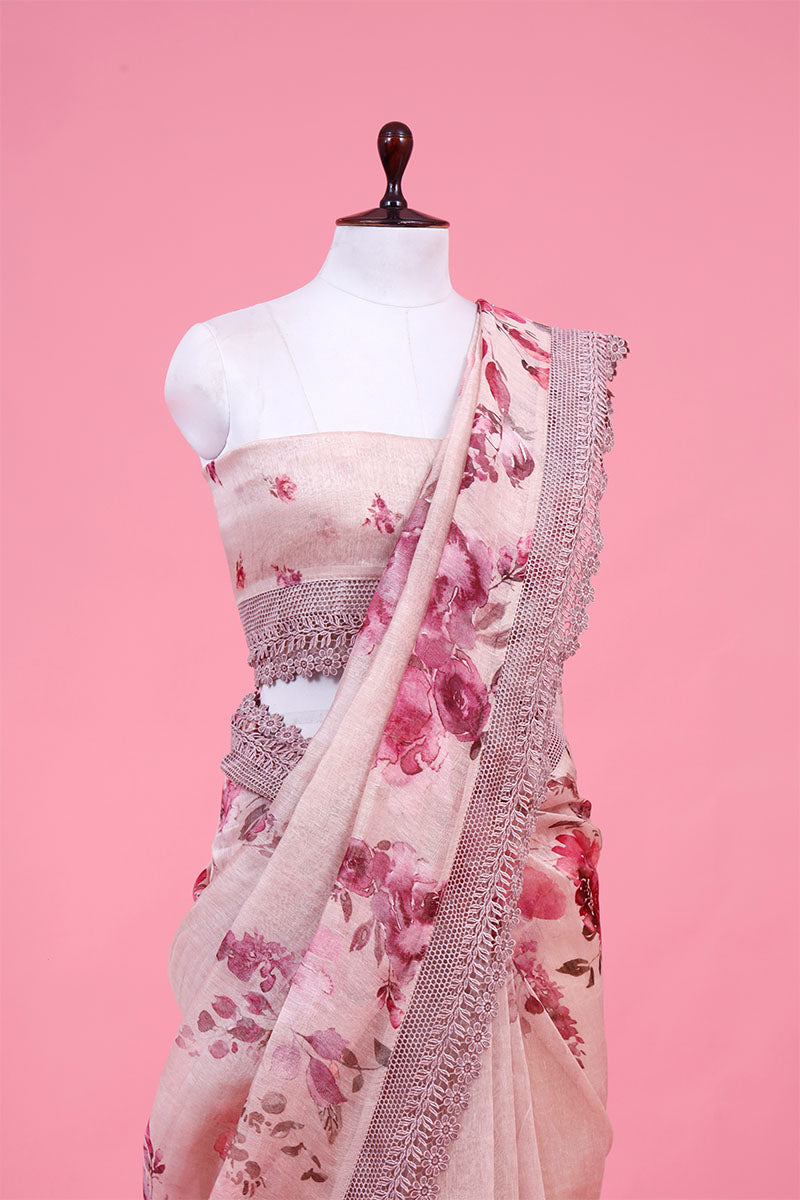 Baby Pink Floral Printed Linen Saree