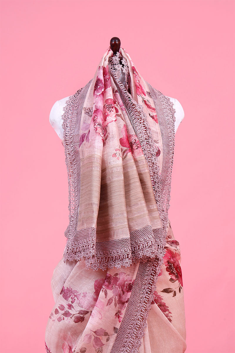 Baby Pink Floral Printed Linen Saree