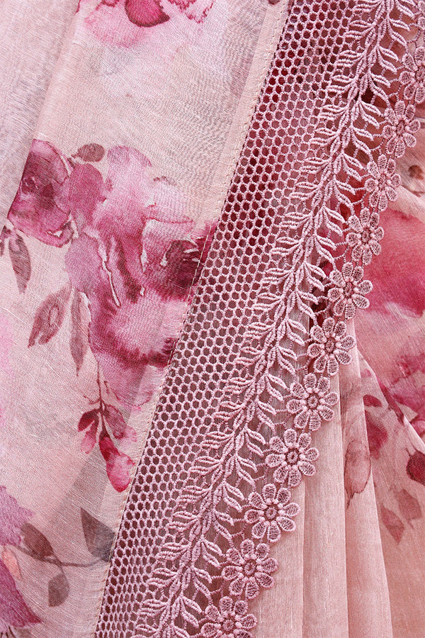 Baby Pink Floral Printed Linen Saree