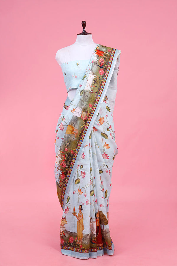 Light Blue Pichwai Printed Linen Saree