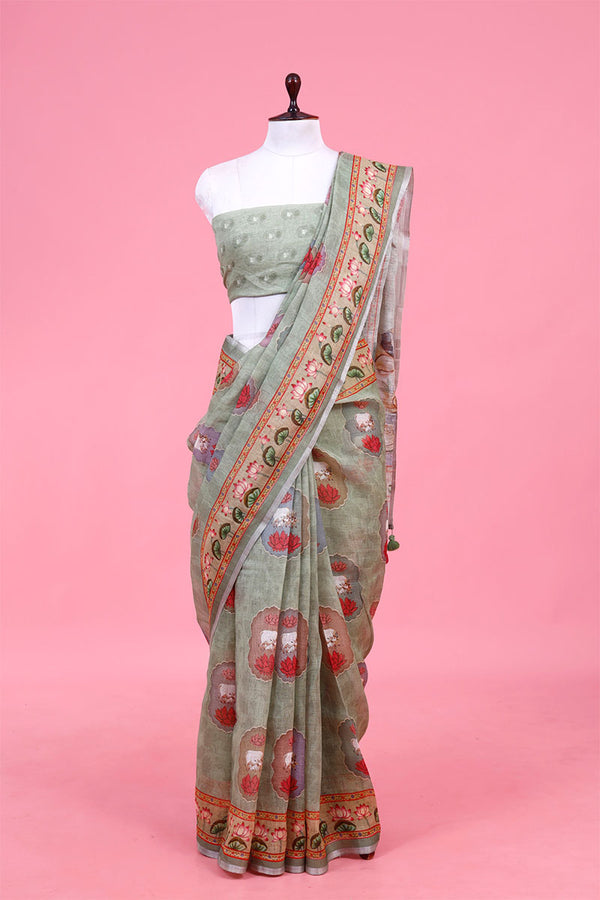 Buy Green Pure Linen Sarees Online