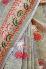 Sage Green Pichwai Printed Linen Saree