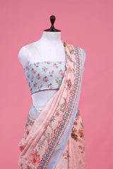 Peach Floral Printed Linen Saree