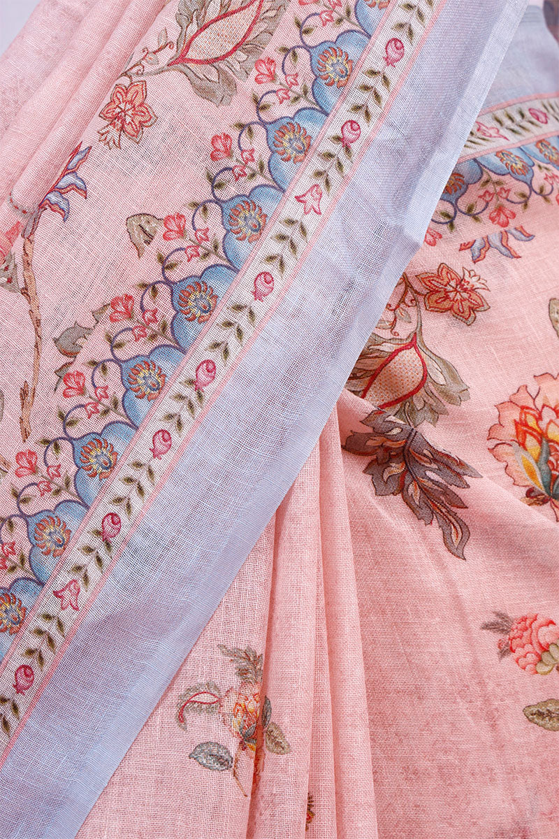 Peach Floral Printed Linen Saree