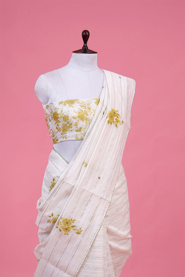 Mulmul Cotton Saree with Stripes & Floral Applique Work