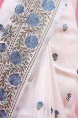 Snowy White Embroidered Linen Saree