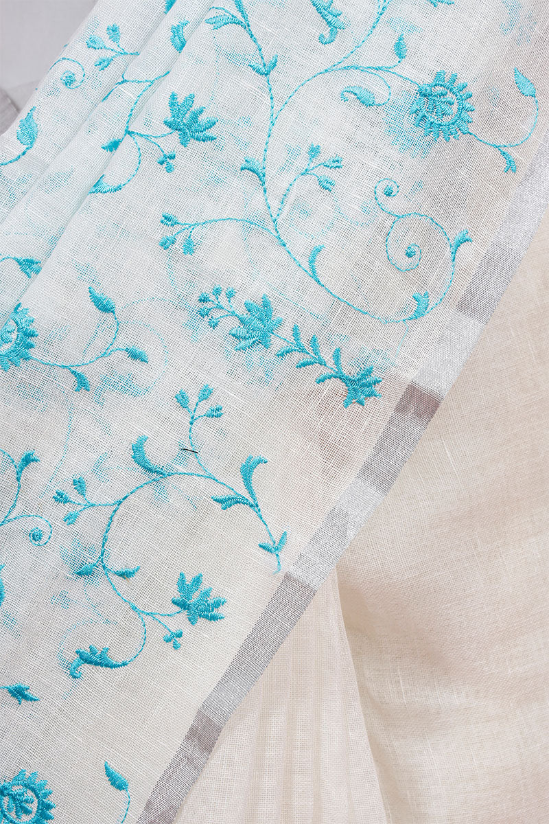 Glacier White Floral Embroidered Linen Saree