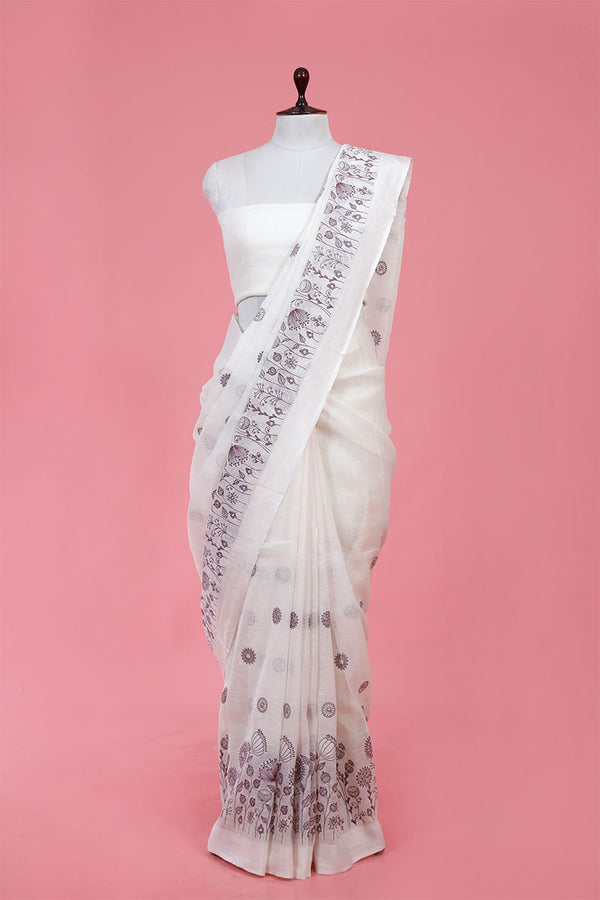 Buy White Pure Linen Sarees Online