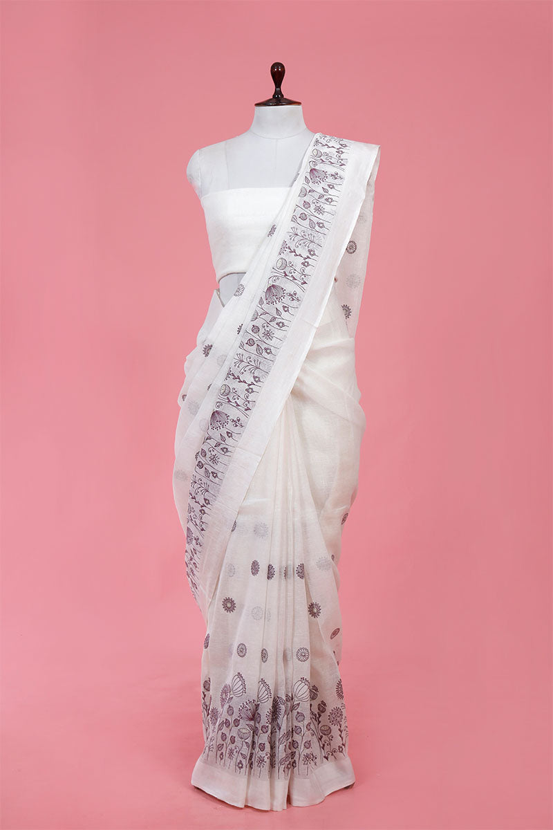 Buy White Pure Linen Sarees Online