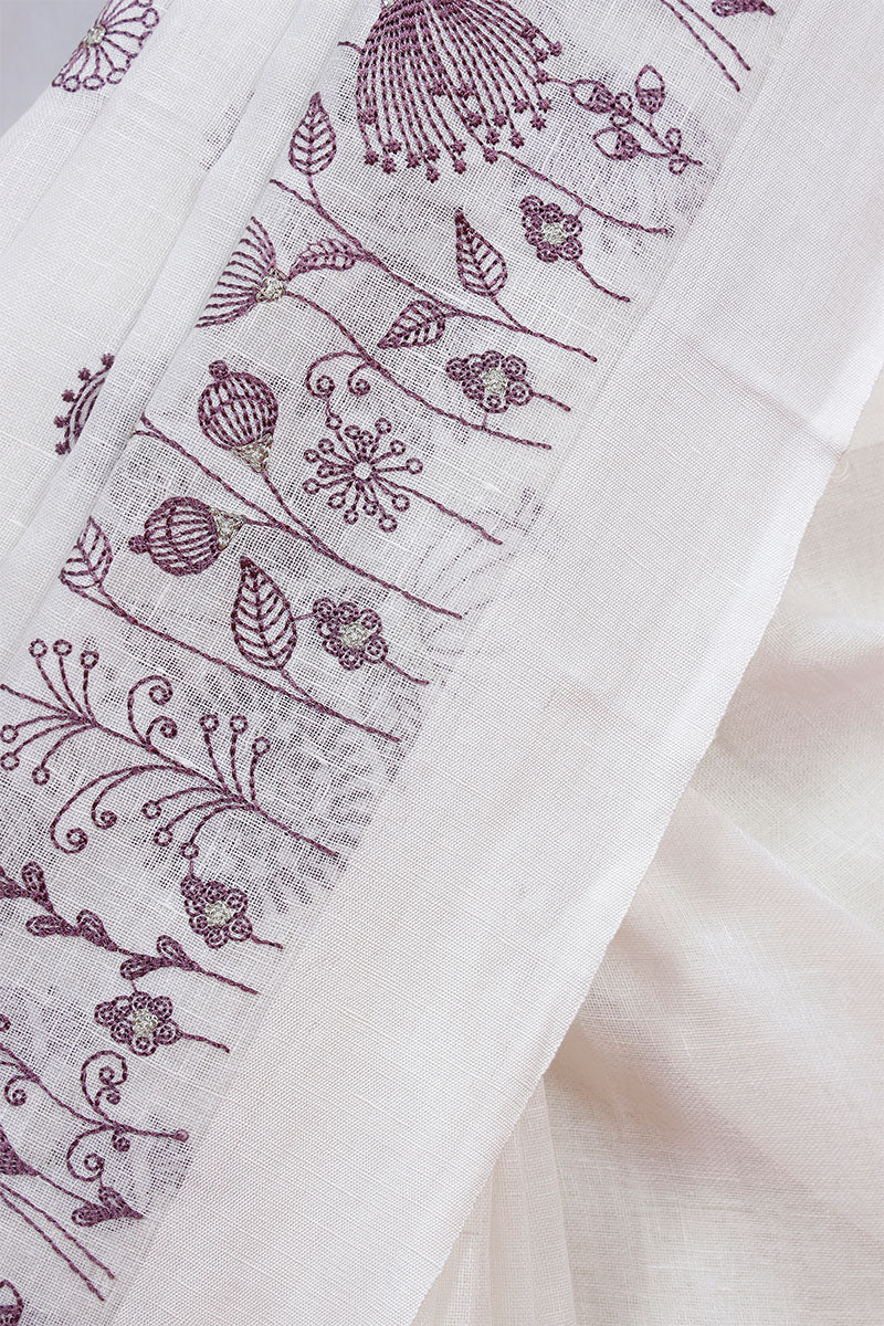 Swan White Floral  Embroidered Linen Saree