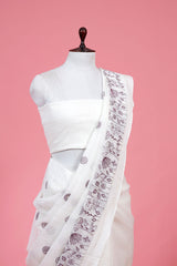 Swan White Floral  Embroidered Linen Saree