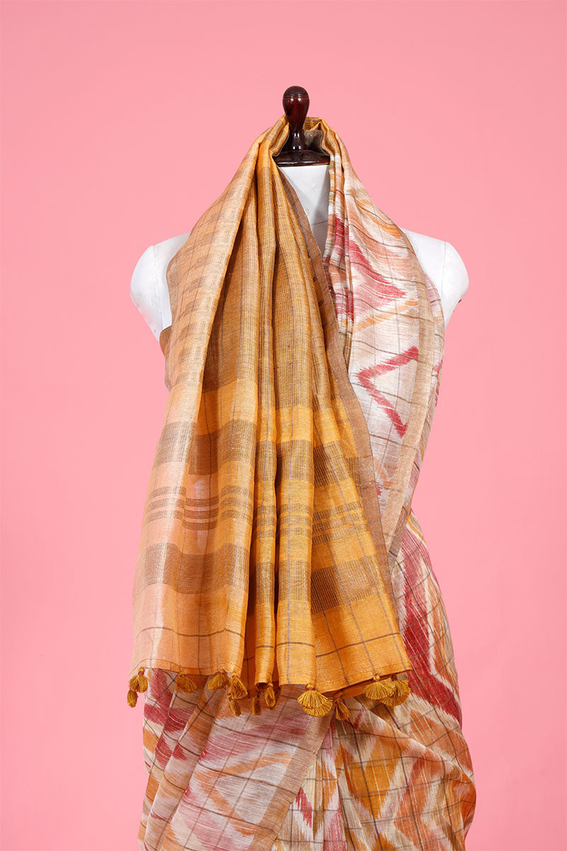 Mustard Yellow & Red Block Printed Pure Linen Saree