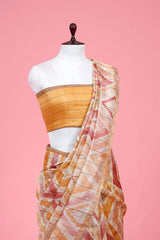 Mustard Yellow & Red Block Printed Pure Linen Saree