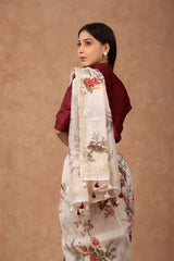 White Floral Printed Embellished Linen Saree