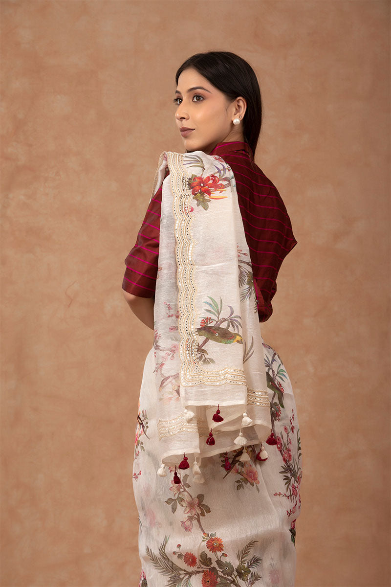 White Floral Printed Embellished Linen Saree