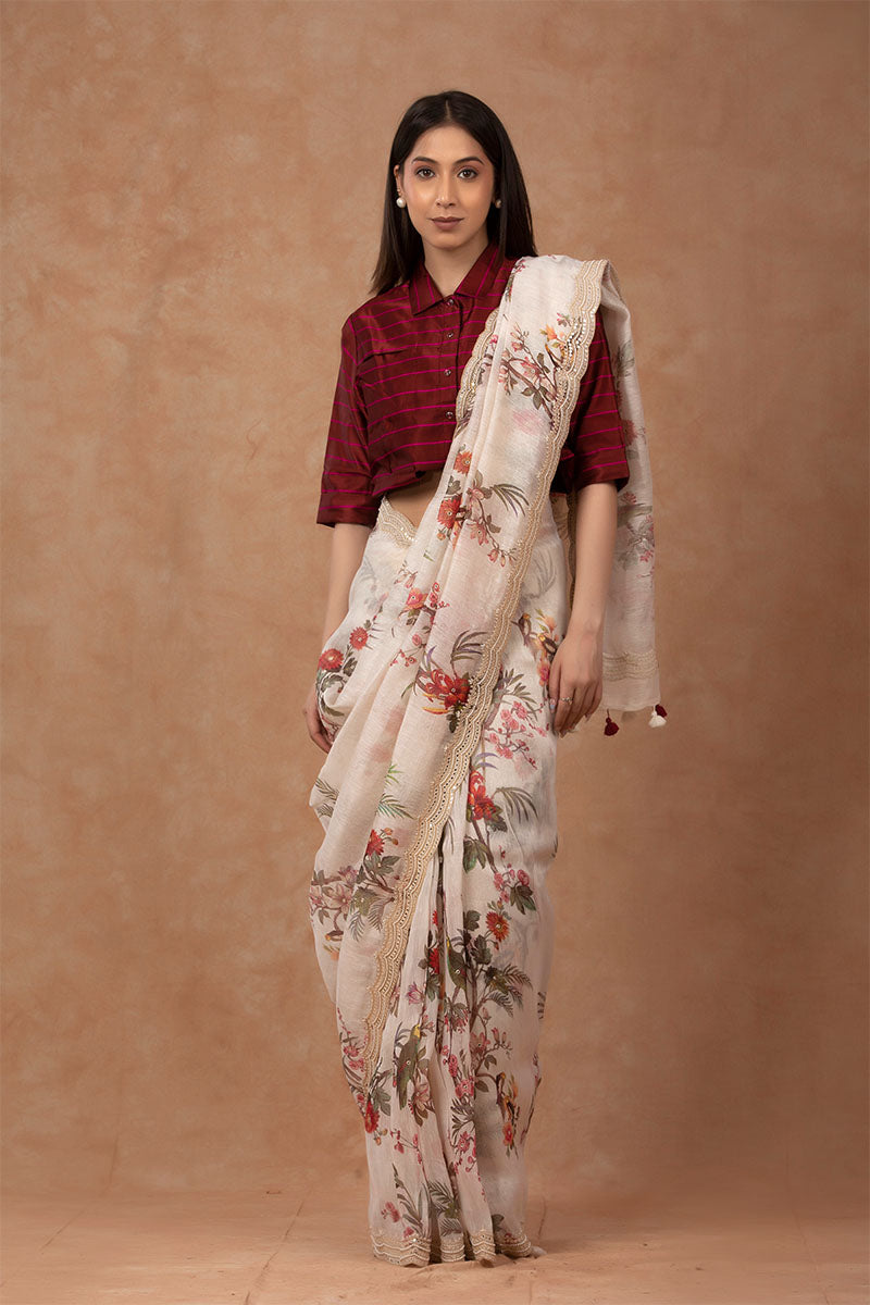 White Floral Printed Embellished Linen Saree