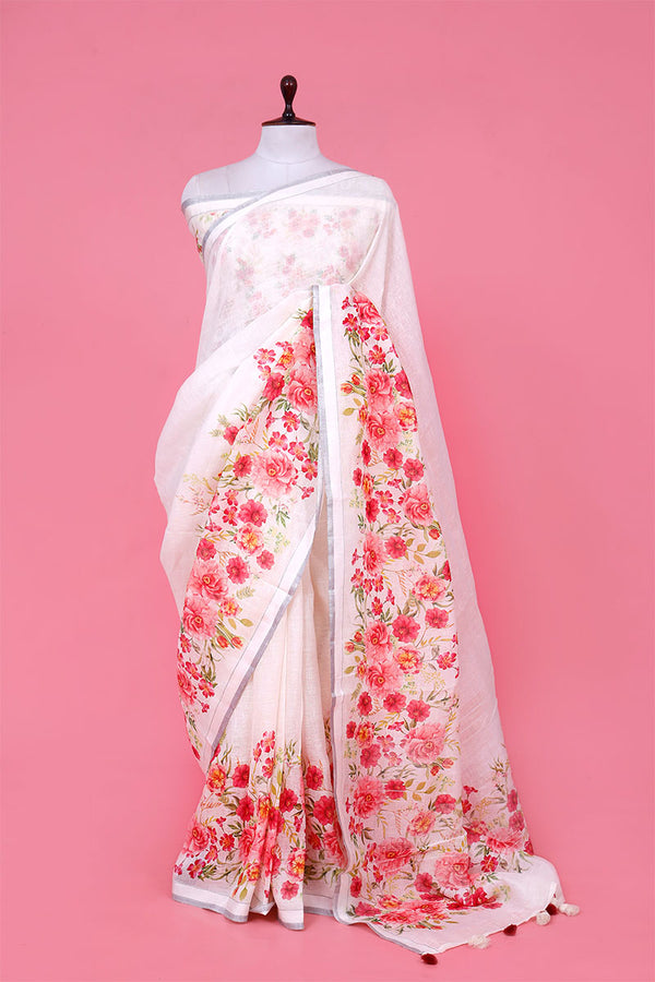 Linen saree, Pure Linen Saree, white saree, Soft Linen Saree, daily wear saree