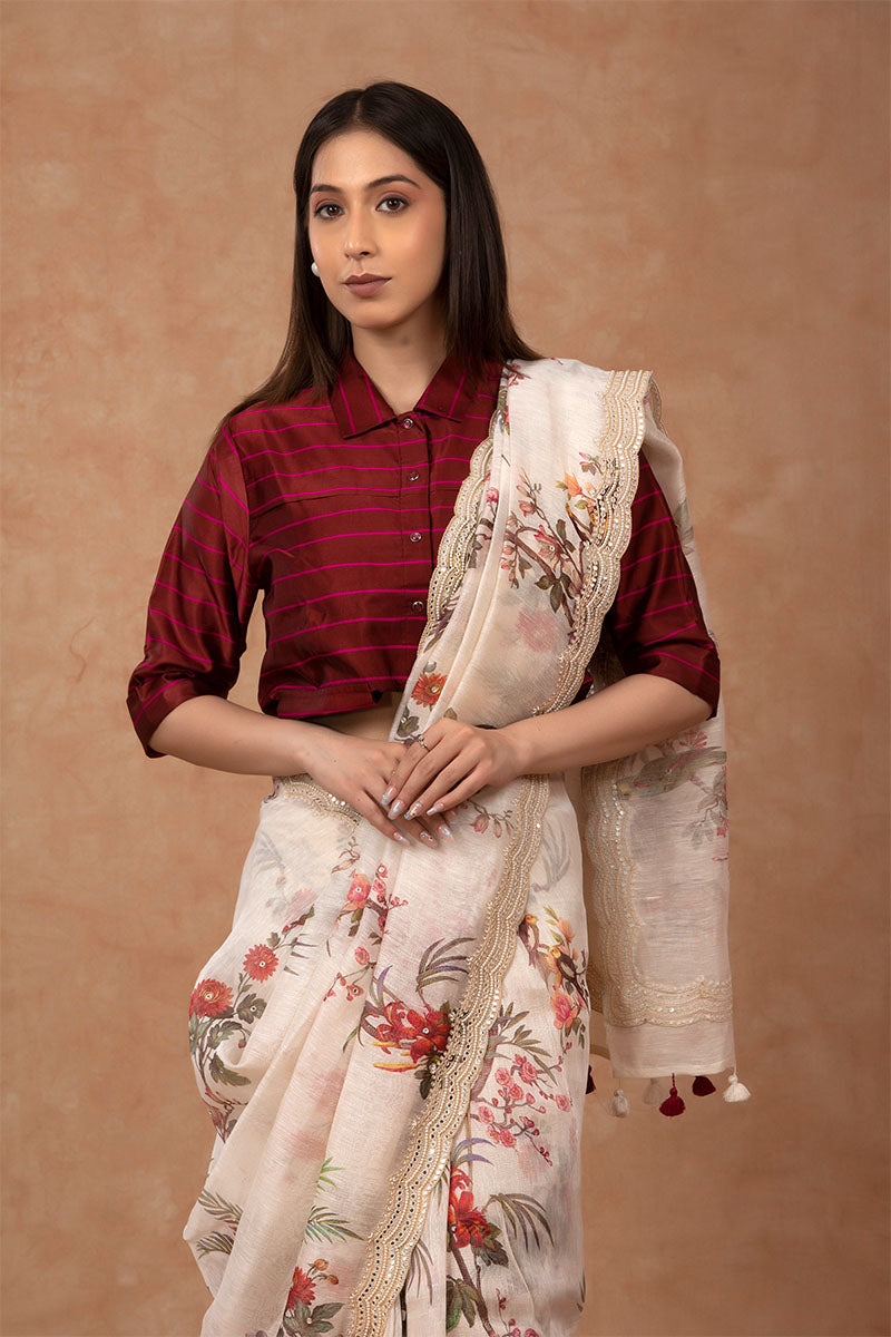 White Floral Printed Embellished Linen Saree