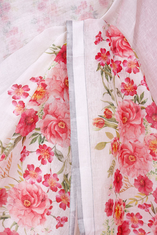 Snow White Linen Saree with Floral Prints