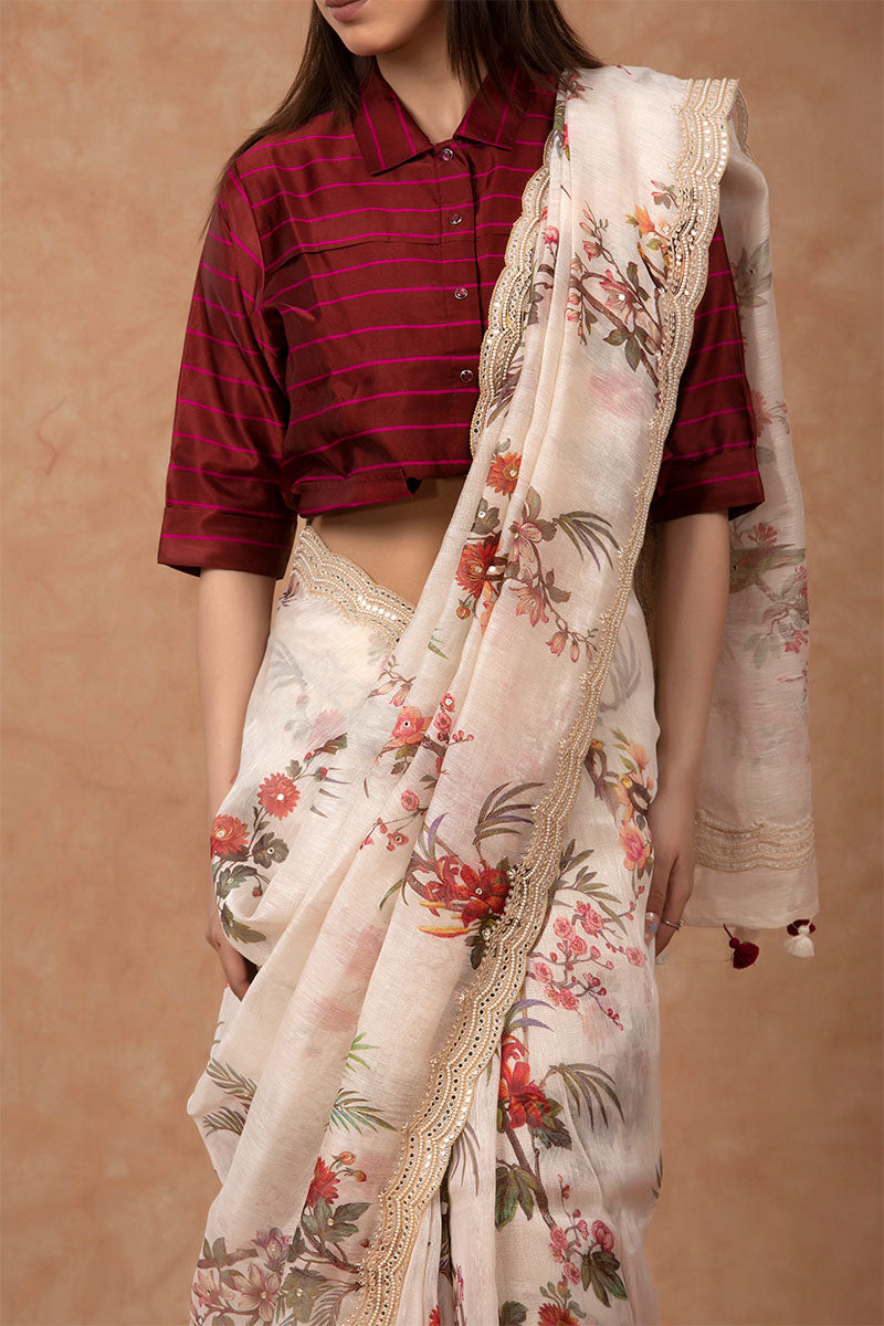 White Floral Printed Embellished Linen Saree