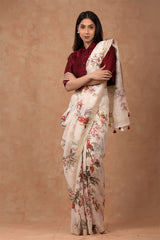 White Floral Printed Embellished Linen Saree