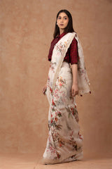 White Floral Printed Embellished Linen Saree