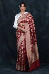 Banarasi Silk Saree, Banarasi saree, silk saree,  Maroon saree, wedding saree, party wear saree​