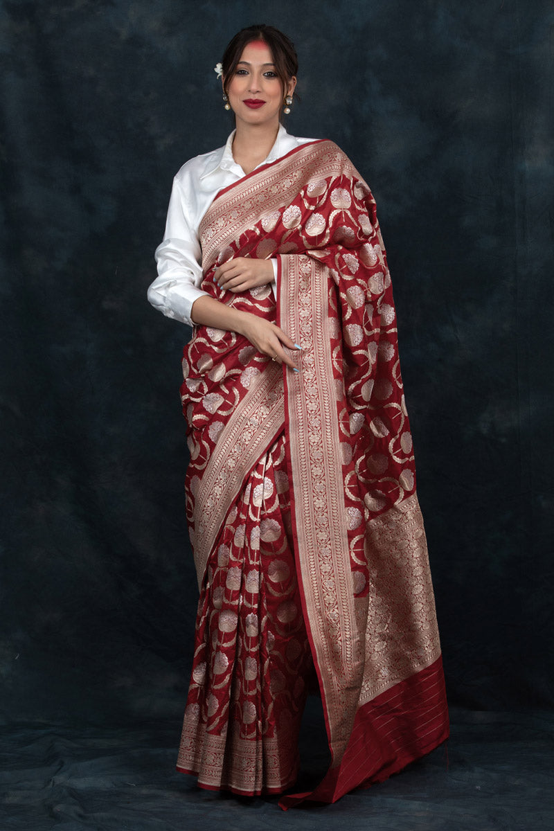 Buy Marron Handloom Banarasi Silk Saree Online