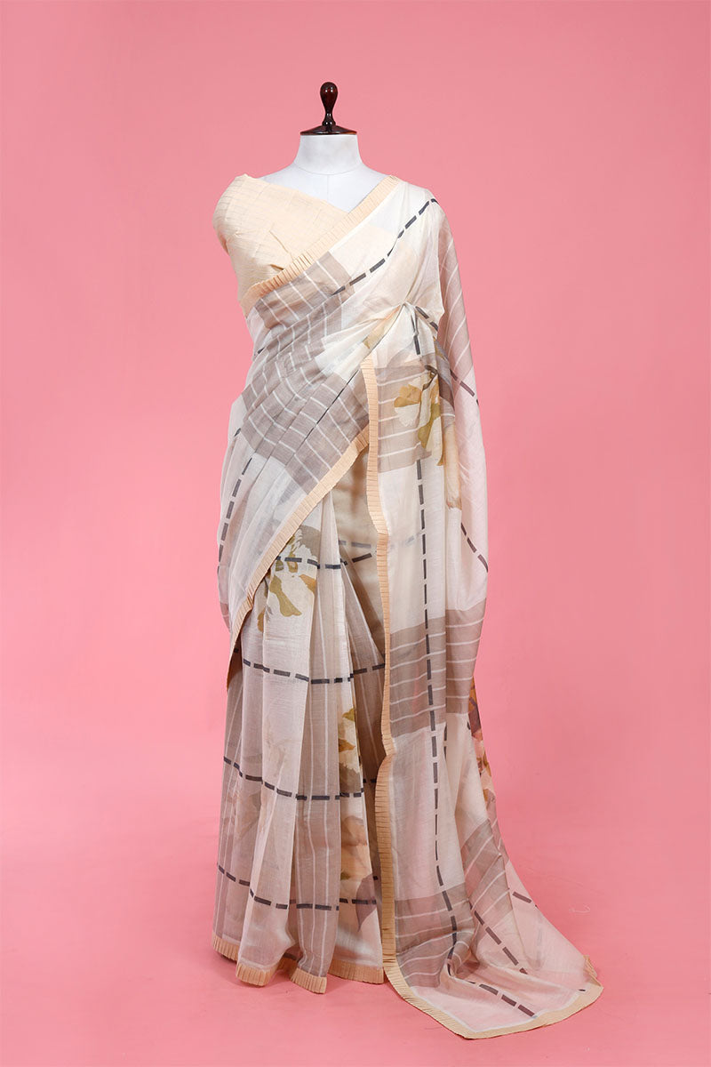 Buy Ivory Mulmul Cotton Sarees Online