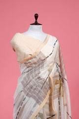 Ivory Floral & Geometrical Printed Mulmul Cotton Saree