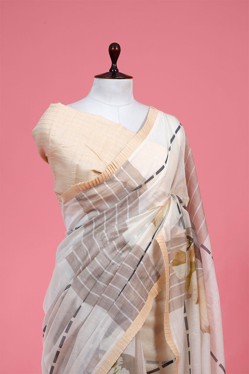 Ivory Floral & Geometrical Printed Mulmul Cotton Saree