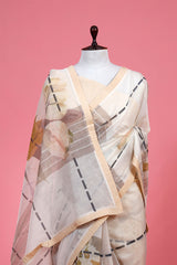 Ivory Floral & Geometrical Printed Mulmul Cotton Saree