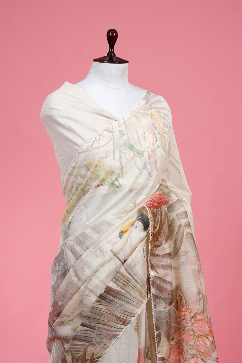 Beige Bird Printed Mulmul Cotton Saree