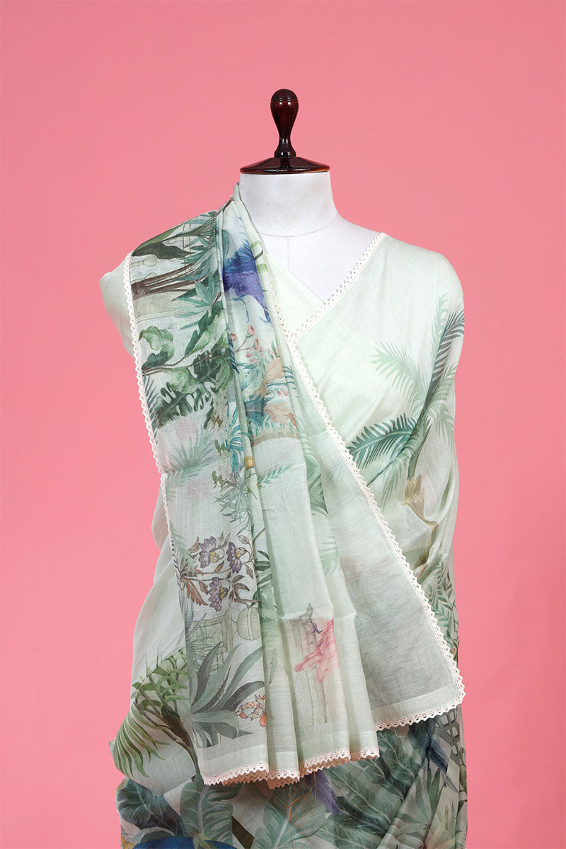 Mint Green Floral Mulmul Cotton Saree