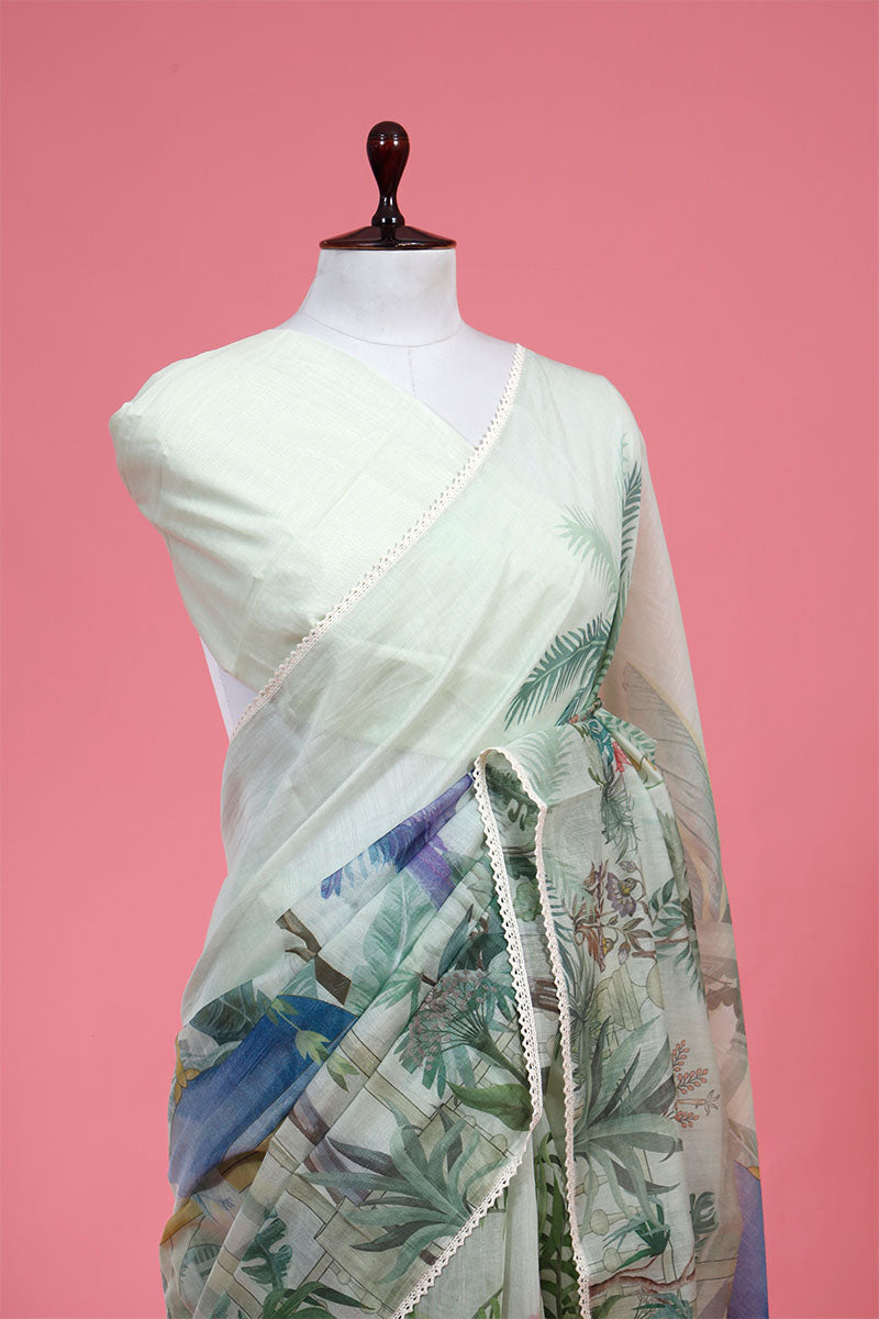 Mint Green Floral Mulmul Cotton Saree