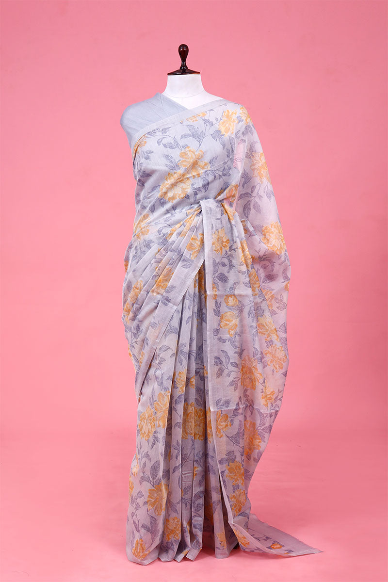 Buy Floral Printed Linen Saree Online