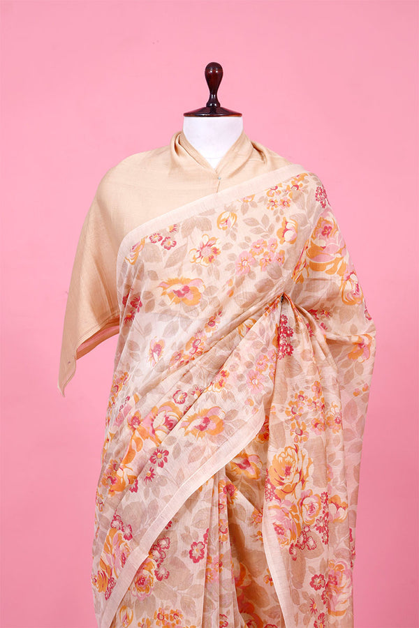 Beige Floral Printed Mulmul Cotton Saree