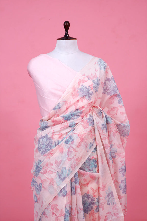 Pink Floral Printed Mulmul Cotton Saree