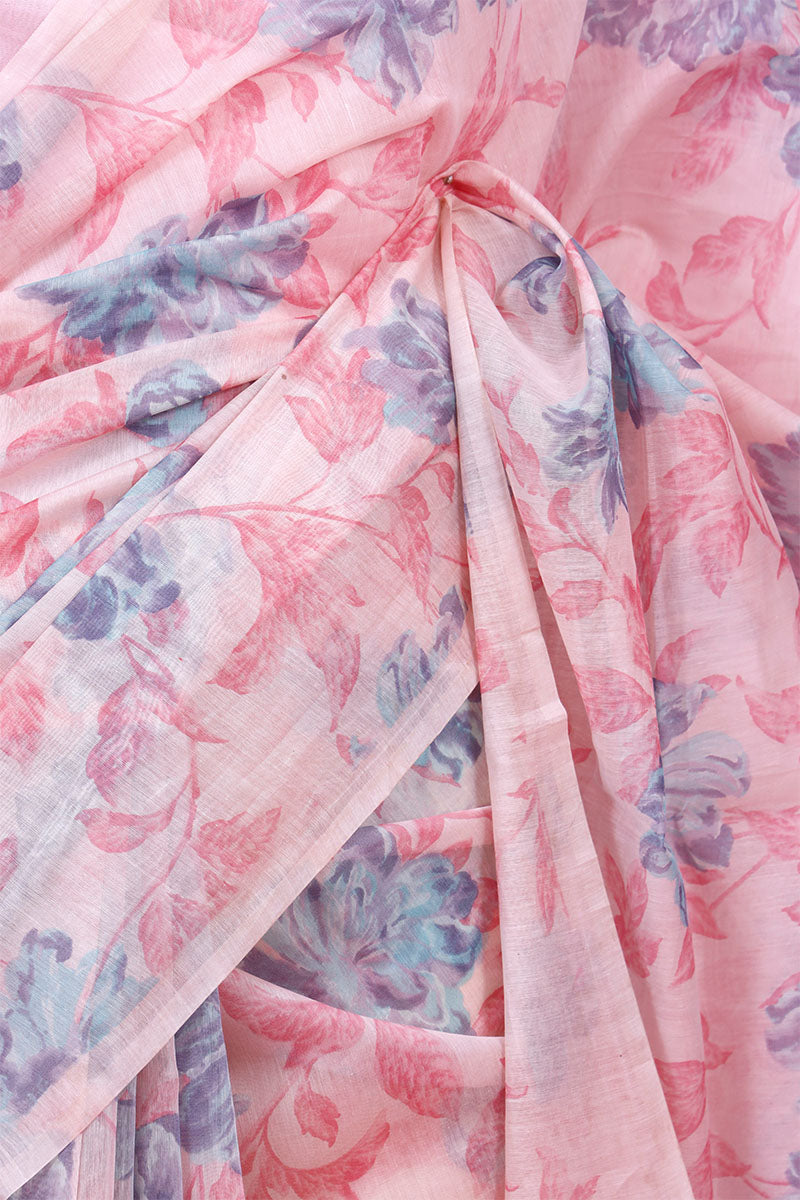 Pink Floral Printed Mulmul Cotton Saree