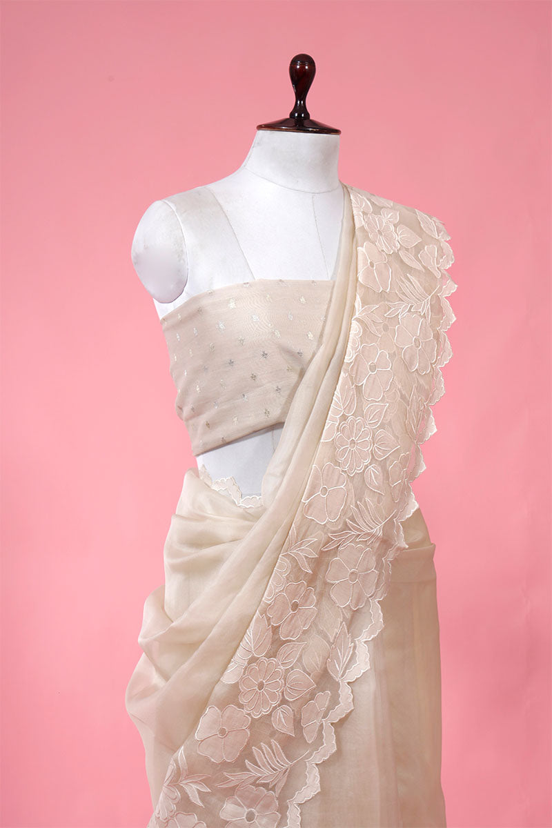 Off White Floral Applique Organza Silk Saree