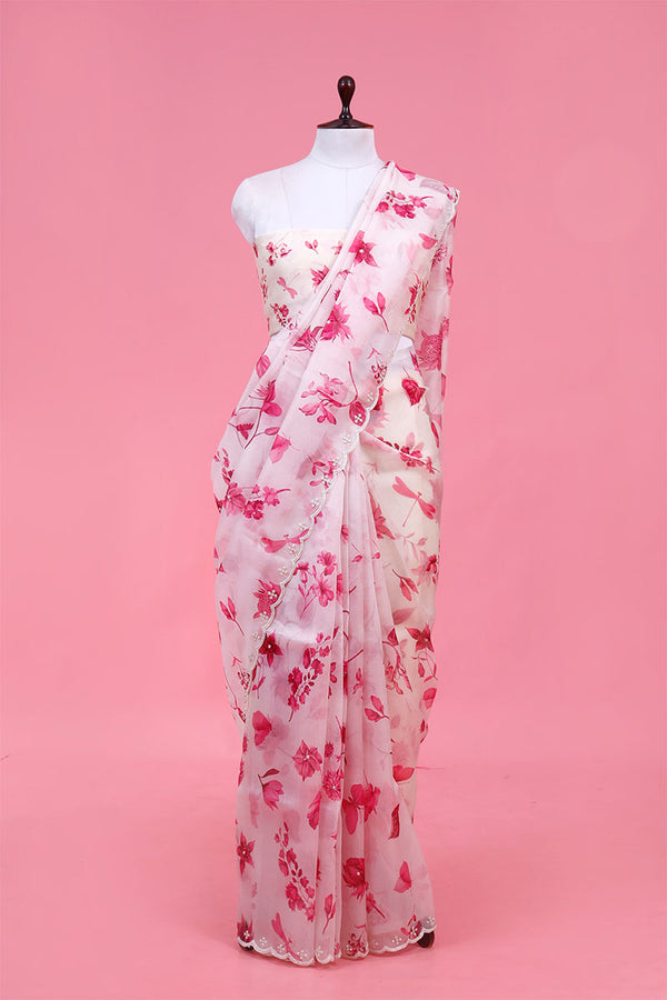 Buy White & Pink Organza Saree Online