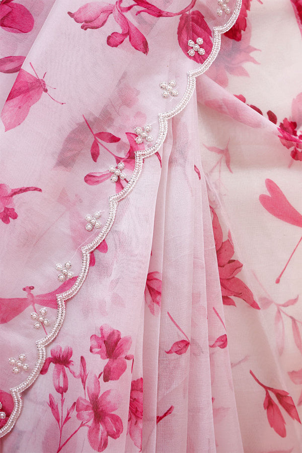 White & Pink Floral Embellished Organza Silk Saree