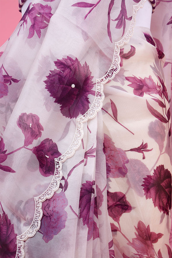 White & Purple Floral Embellished Organza Silk Saree