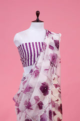 White & Purple Floral Embellished Organza Silk Saree