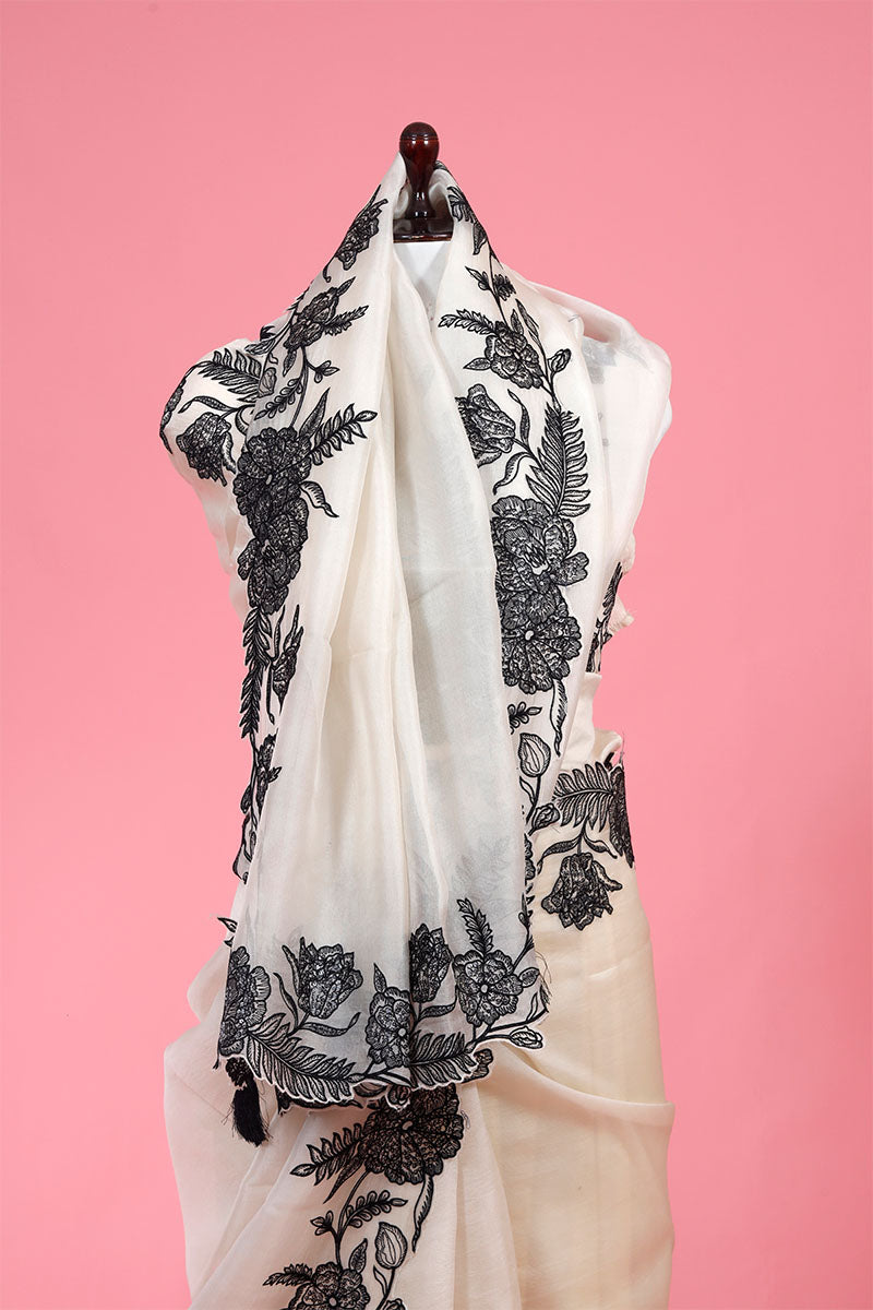 Black & White Embroidered Organza Silk Saree