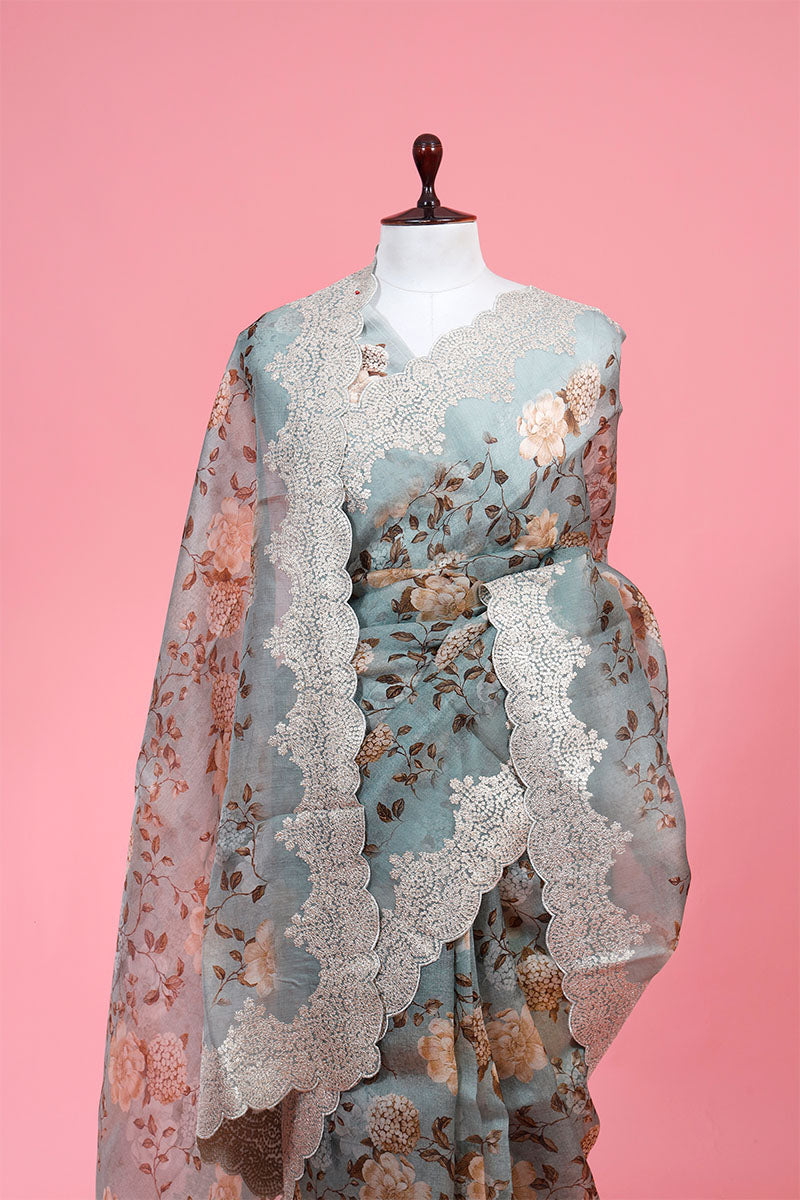 Powder Blue Embellished Floral Printed Organza Silk Saree